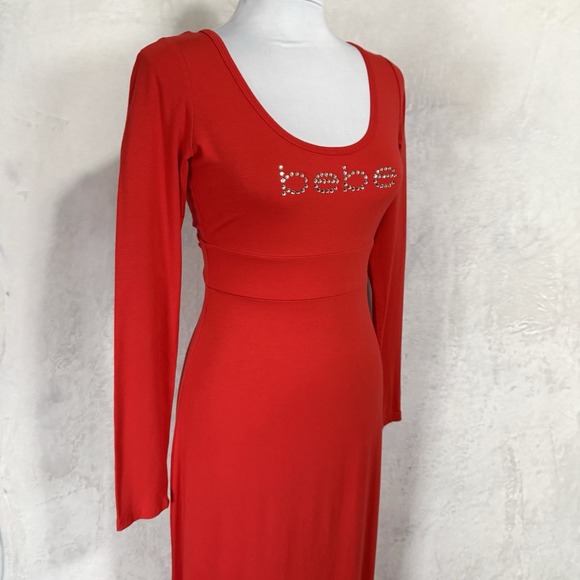 Bebe Long Sleeve Knit Maxi Dress Small Red Swarovski Crystal Rhinestone Logo USA - Picture 2 of 16